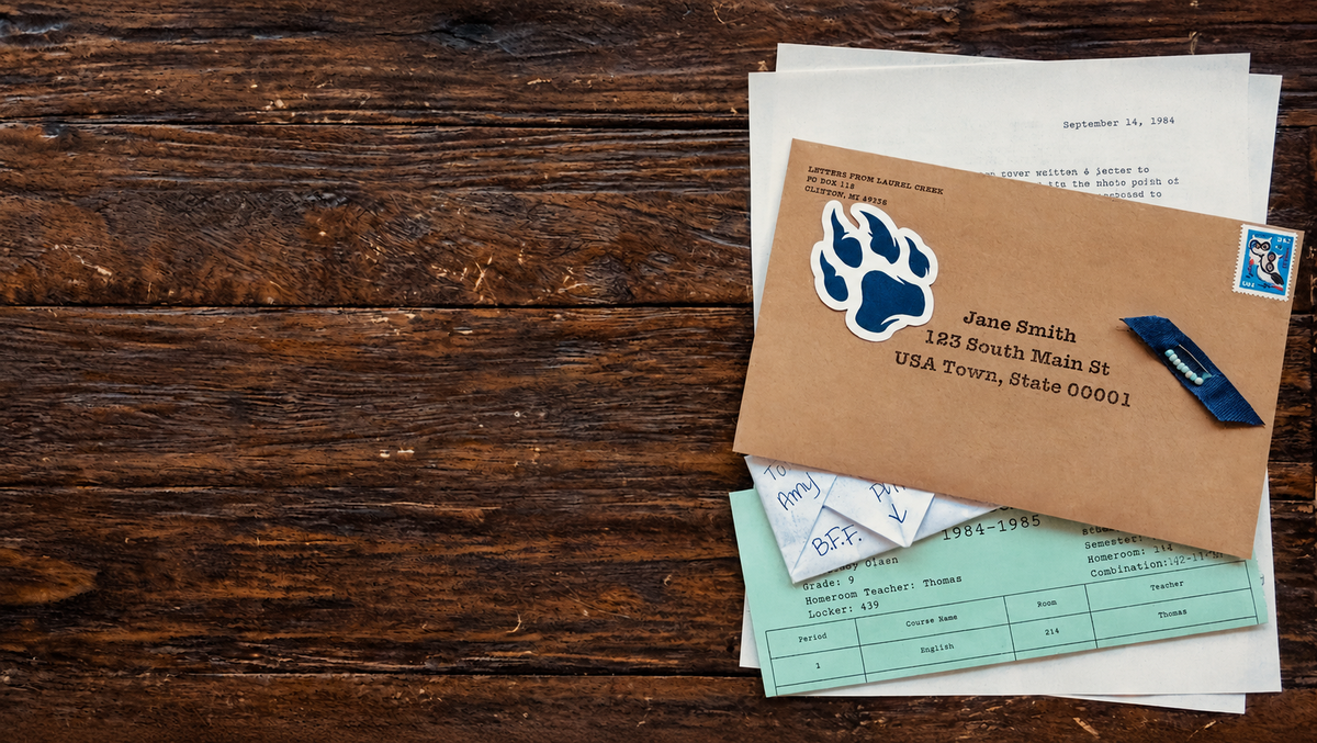 Letters from Laurel Creek mail package with envelope, typed letter, school schedule, folded note, friendship pin, and Wildcats sticker.