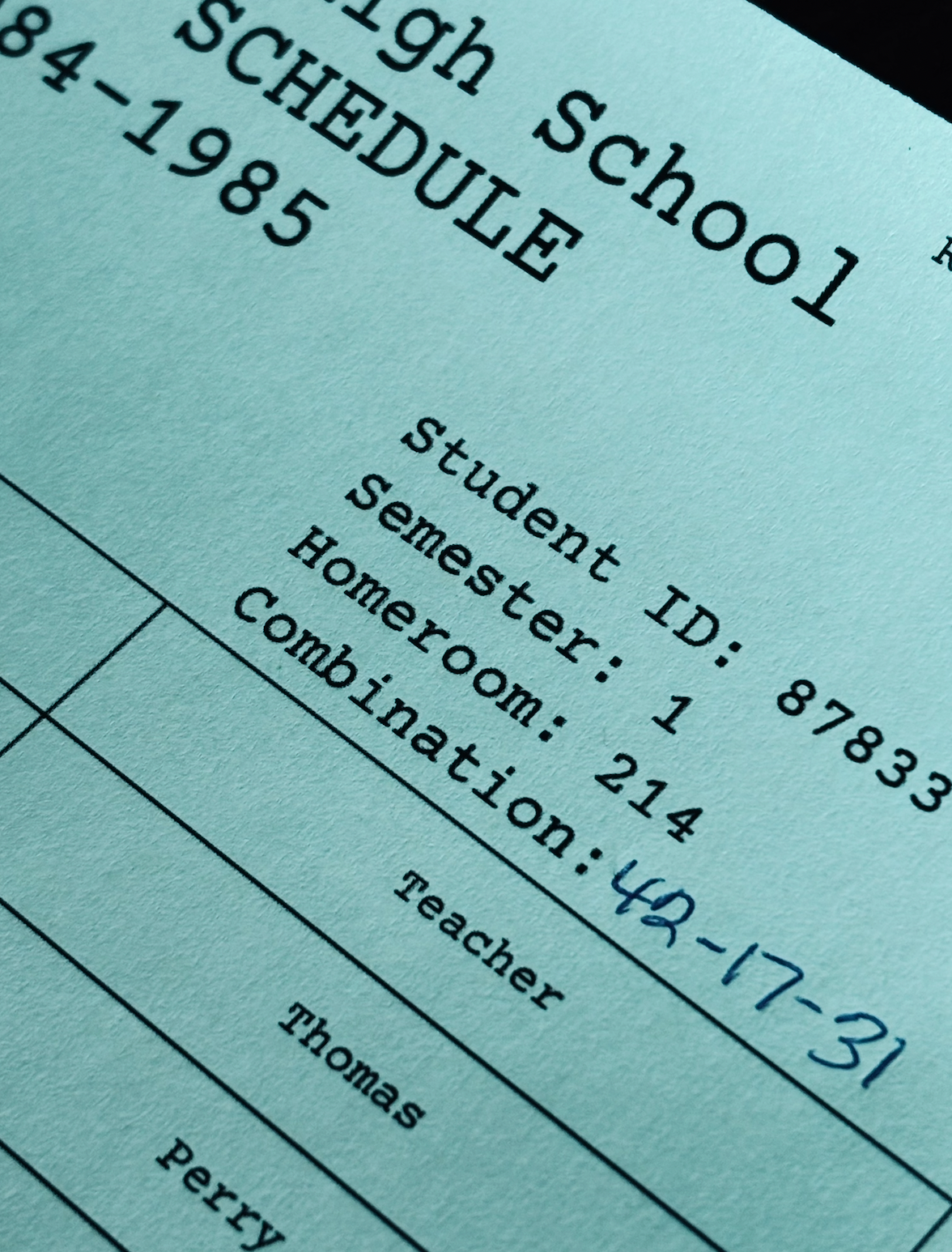 1984 high school class schedule on lined notebook paper